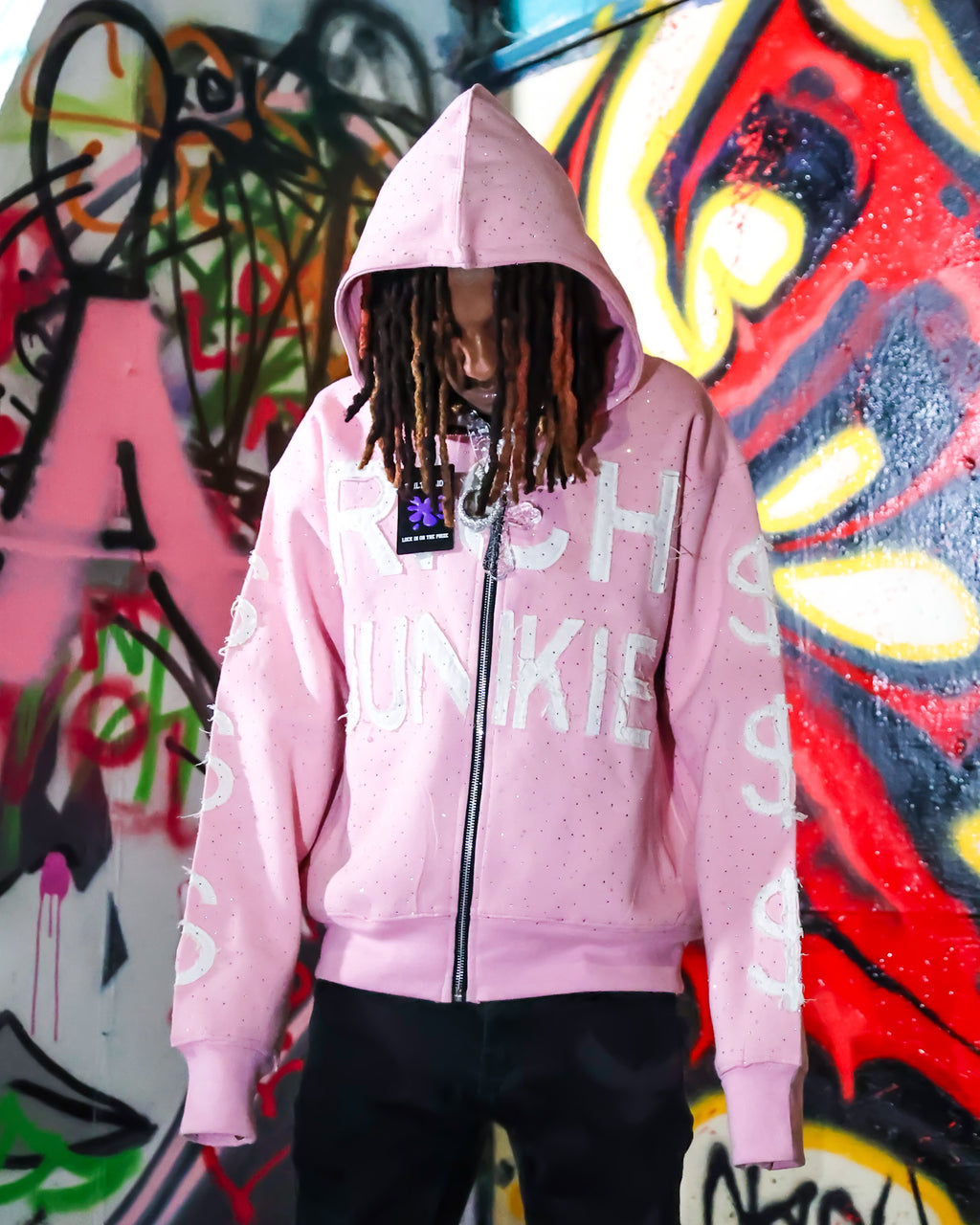 VaultVisions™ Bubblegum-Pink “RICH JUNKIE” Rhinestone Zip Jacket – Luxury Unisex Streetwear |  Edition | Free Shipping